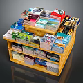 Books And Magazines Displayed On Wooden Stand With Various Stacked Types And Colorful Covers