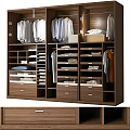 Modern Wooden Wardrobe Interior With Hanging Shirts Jackets Folded Clothes Drawers and Shelves