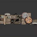Ancient Carriage Components 3D Model With Wooden Crates Wheels Cloths And Scrolls