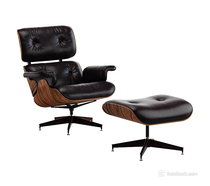 Modern Black Leather Leisure Chair with Matching Ottoman Wooden Accents and Metal Base Design 3d model 