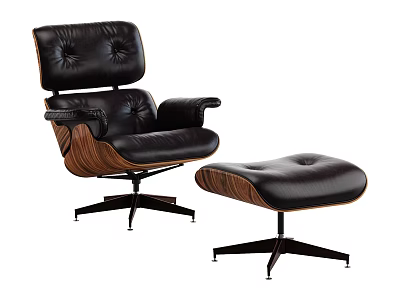 Modern Black Leather Leisure Chair with Matching Ottoman Wooden Accents and Metal Base Design 3d model