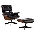 Modern Black Leather Leisure Chair with Matching Ottoman Wooden Accents and Metal Base Design
