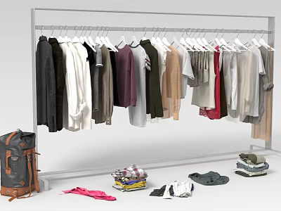 Clothes Hanging On Metal Rack With Various Styles Colors Stacked On Floor And Backpack Shoes 3d model