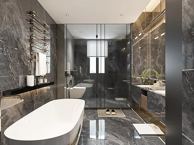 Luxurious Bathroom Interior With Marble Walls Freestanding Tub Glass Shower And Mirrors 3d model