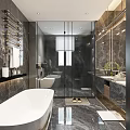 Luxurious Bathroom Interior With Marble Walls Freestanding Tub Glass Shower And Mirrors