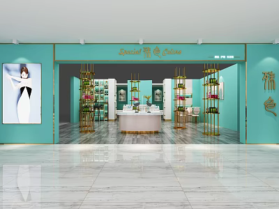 Elegant Modern Beauty Salon Interior Design With Turquoise Accents Display Shelves And Product Counters 3d model