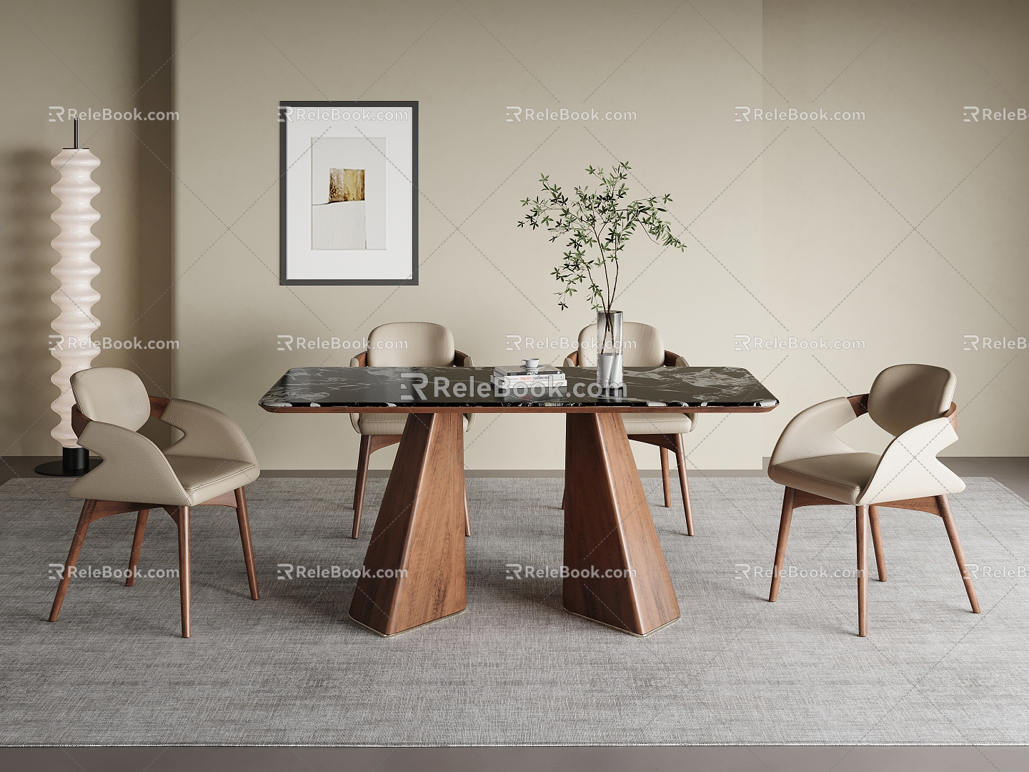 Natural wind dining table and chair combination jewelry ornaments 3d model