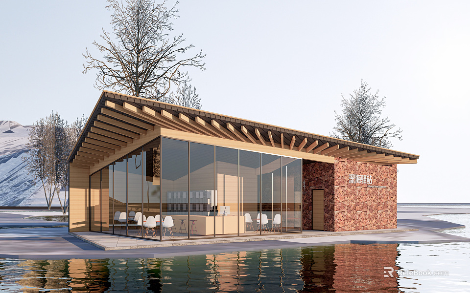 Modern Waterfront Visitor Center With Wooden Roof Glass Curtain Walls And Red Brick Accents 3d model 