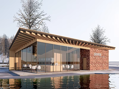 Modern Waterfront Visitor Center With Wooden Roof Glass Curtain Walls And Red Brick Accents 3d model