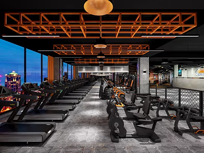 Spacious Modern Fitness Gym With Treadmills Exercise Bikes And City Night View 3d model