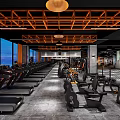 Spacious Modern Fitness Gym With Treadmills Exercise Bikes And City Night View