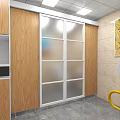 Public Restroom Interior With Tiled Walls Mirror Toilet Sink Yellow Grab Bars And Glass Partition