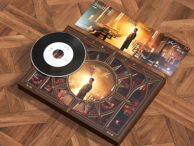 Decorative Vinyl Record Box Set With Figure Image And Wooden Floor Design Elements 3d model