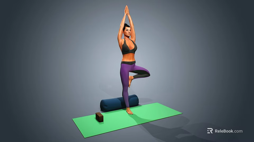 Woman Practicing Yoga Tree Pose On Green Mat With Block And Wheel 3d model 