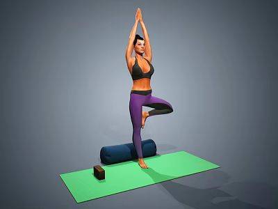 Woman Practicing Yoga Tree Pose On Green Mat With Block And Wheel 3d model