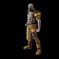 Muscular Warrior Character and Creature in Ornate Golden Silver Armor Standing Against Black Background