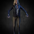Woman Wearing Black Leather Jacket Light Blue Shirt And Brown Pants With Fingerless Gloves