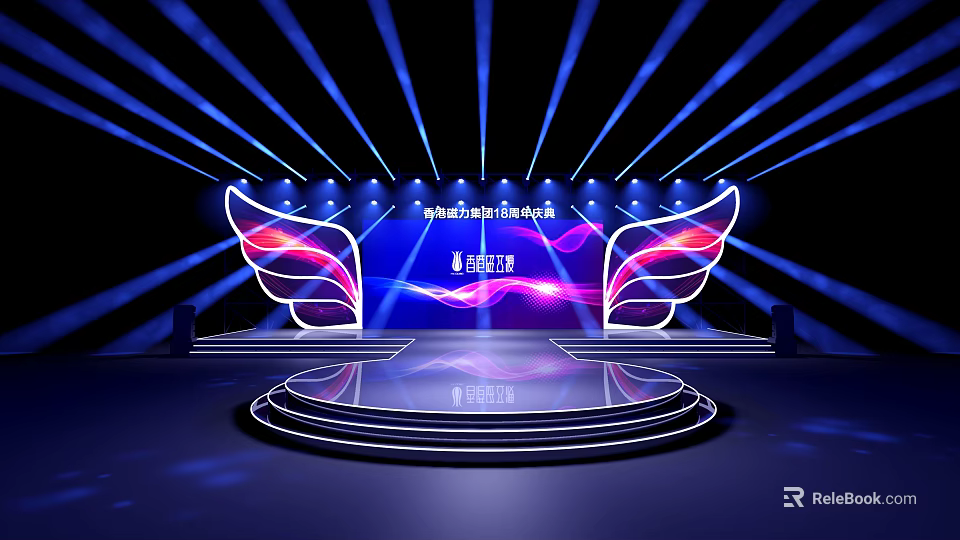 Concert Stage Design With Wing Decorations Blue Purple Lighting And Steps 3d model 