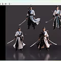 Ancient Chinese Men In Traditional Warrior Costumes Holding Swords In Various Poses