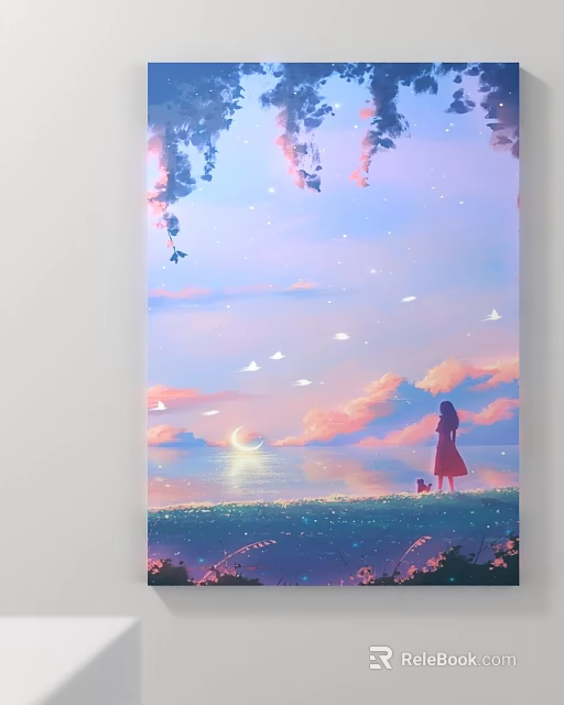 Girl In Red Dress On Grass Field With Moon Stars Pink Clouds And Birds 3d model 