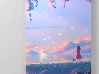 Girl In Red Dress On Grass Field With Moon Stars Pink Clouds And Birds 3d model