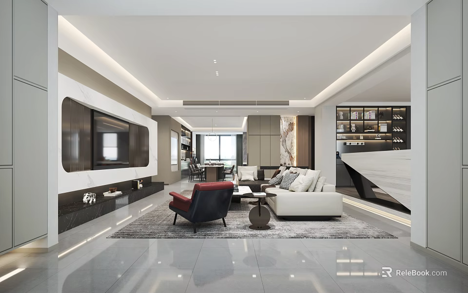 Modern Living Dining Room Interior With Sofa Dining Table Chandelier And Open Concept Design 3d model 