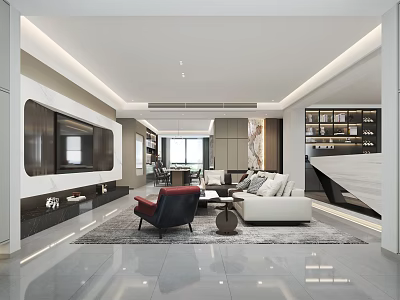Modern Living Dining Room Interior With Sofa Dining Table Chandelier And Open Concept Design 3d model