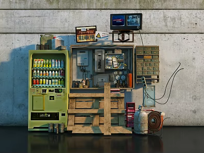 Green Vending Machine With Wooden Pallet Small TV Bottled Drinks Gas Canister And Concrete Wall 3d model