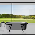 Modern White Bathtub With Black Metal Stand In Glass Wall Bathroom Overlooking Green Landscape
