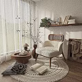 Comfortable Beige Rattan Backrest Leisure Chair With Wooden Legs Round Table Open Book Woven Rug