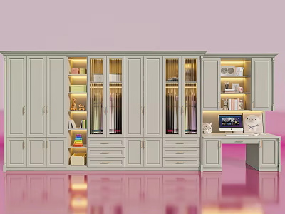 Modern Bookcase Design With Glass Doors Drawers Built in Lighting And Decorative Items 3d model