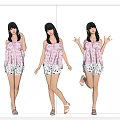 Woman Wearing Pink Camisole Patterned Shorts White Sandals In Three Different Poses Against Dark Background