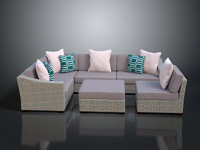 Modern L Shaped Light Gray Wicker Sofa Set With Green Pink Cushions 3d model