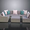 Modern L Shaped Light Gray Wicker Sofa Set With Green Pink Cushions