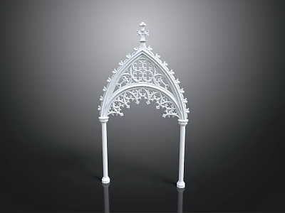 White Ornate Gothic Style Arch with Intricate Carvings and Pillar Supports 3d model