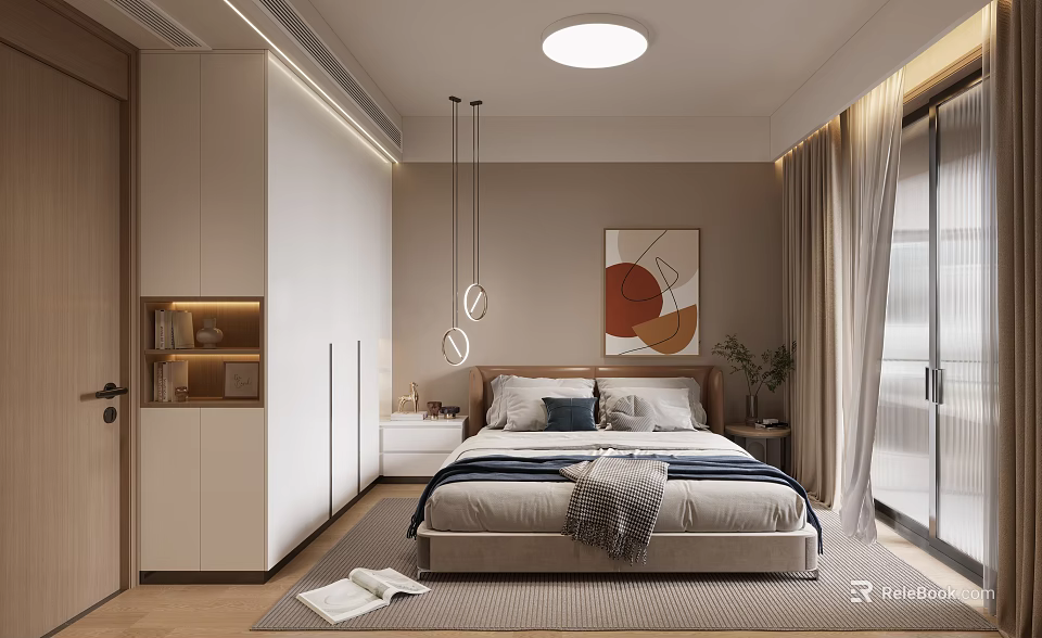 Modern Bedroom Interior With Bed Artwork Pendant Lights Storage Cabinets And Floor to Ceiling Windows 3d model 