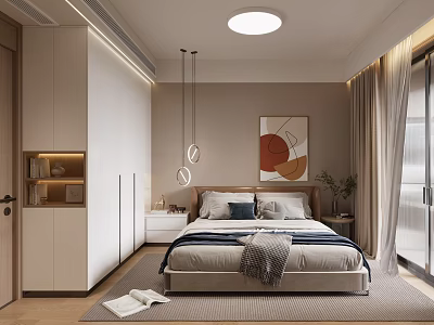 Modern Bedroom Interior With Bed Artwork Pendant Lights Storage Cabinets And Floor to Ceiling Windows 3d model