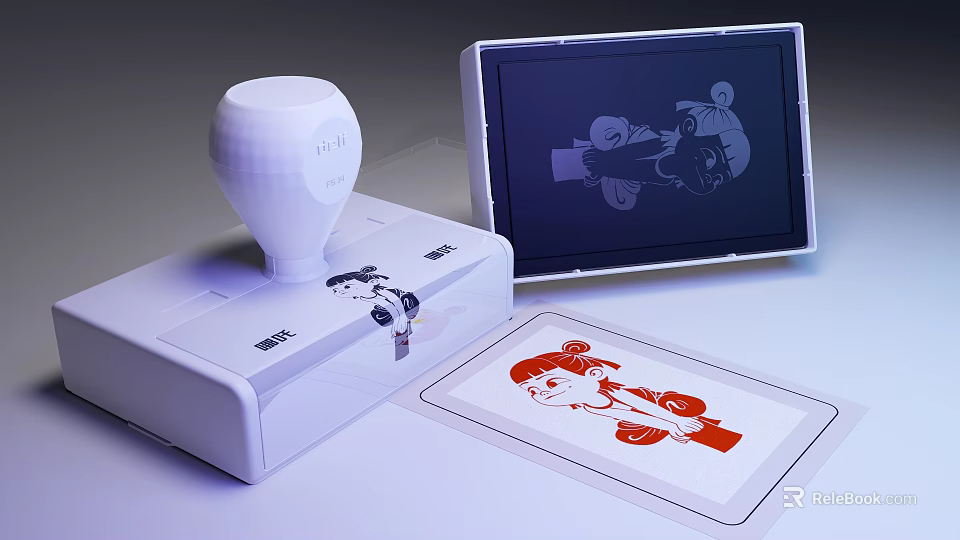 Decorative Ornament Set With White Stamp Tablet And Cartoon Character Printed Cards 3d model 