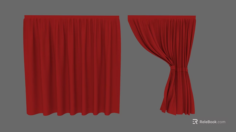 Red Curtains With Straight Panel And Tied Draped Design For Home Decor 3d model 