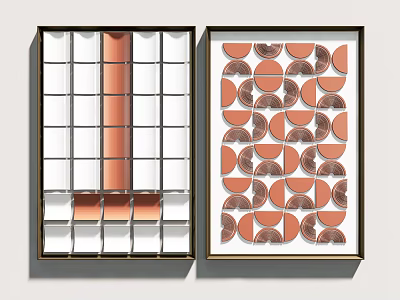 Modern Geometric Wall Art With Brown White Grid And Semicircle Patterns 3d model