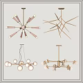 Various Modern Chandeliers Featuring Geometric Shapes Spherical Bulbs And Metallic Frames 3d model