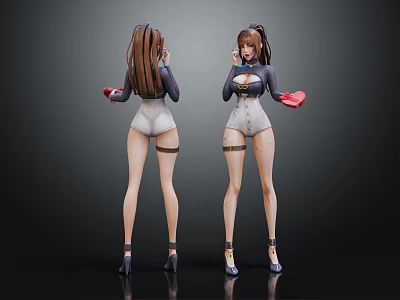 Female Character 3D Model With Black Top White Pants Red Gloves Leg Straps High Heels 3d model