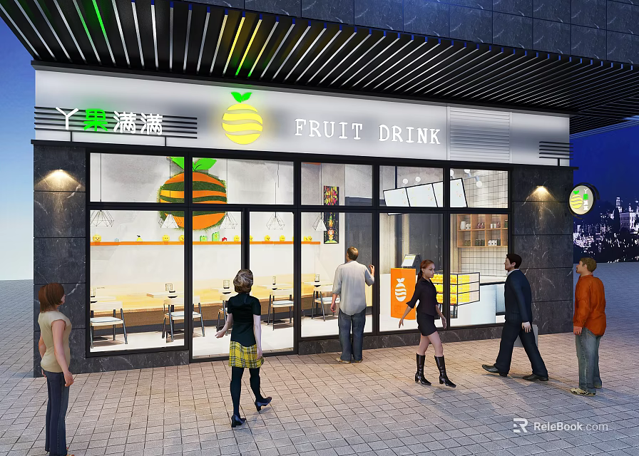 Fresh Fruit Drink Storefront Design With Glass Doors Orange Decor And Bright Lighting 3d model 