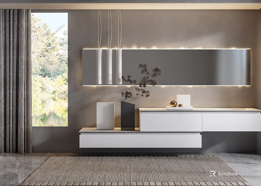 Modern Luxury Bathroom Vanity With Large Mirror White Cabinets Plant Decoration And Natural Light 3d model 