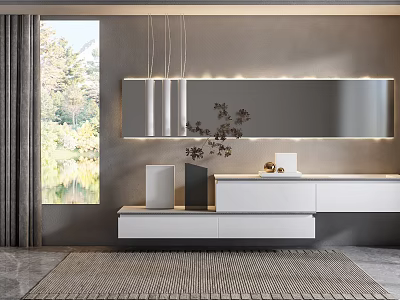 Modern Luxury Bathroom Vanity With Large Mirror White Cabinets Plant Decoration And Natural Light 3d model