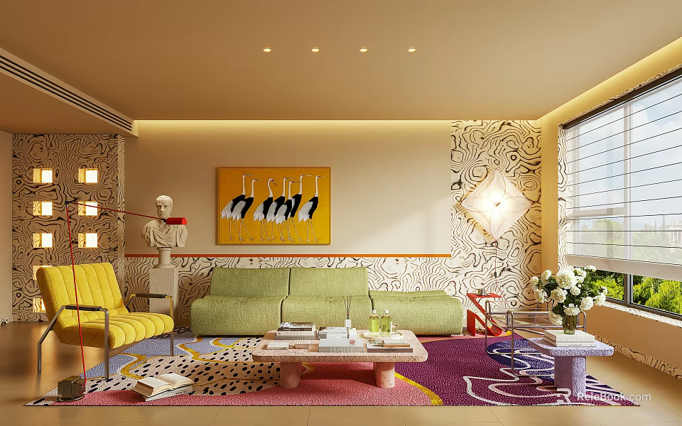 Vibrant Playful Modern Living Room With Creative Art Decor And Colorful Cozy Furnishings 3d model 