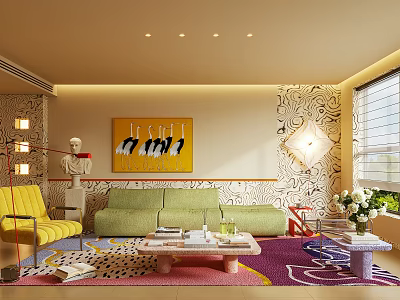 Vibrant Playful Modern Living Room With Creative Art Decor And Colorful Cozy Furnishings 3d model