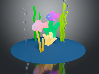 Colorful Aquatic Fish Swimming Among Green Plants Yellow Coral And Air Bubbles 3d model