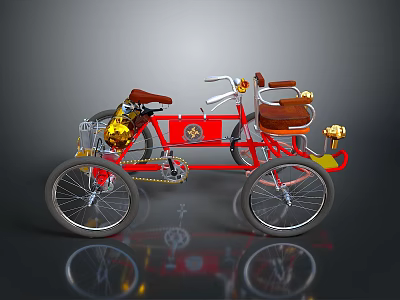 Vintage Red Tricycle With Brown Seats Gold Accents And Classic Design 3d model