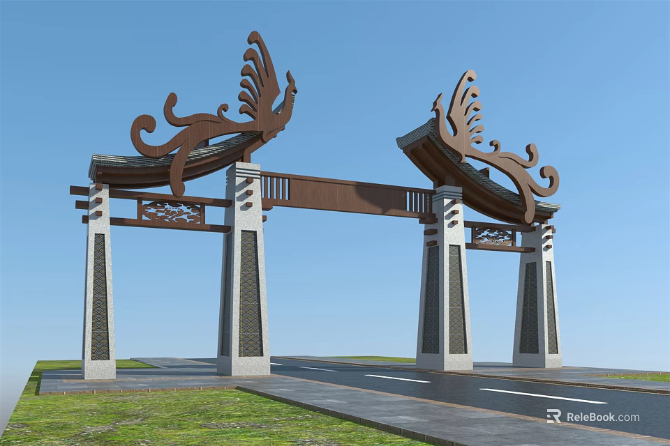 Traditional Chinese Entrance Gate With Phoenix Ornaments And Stone Pillars 3d model 